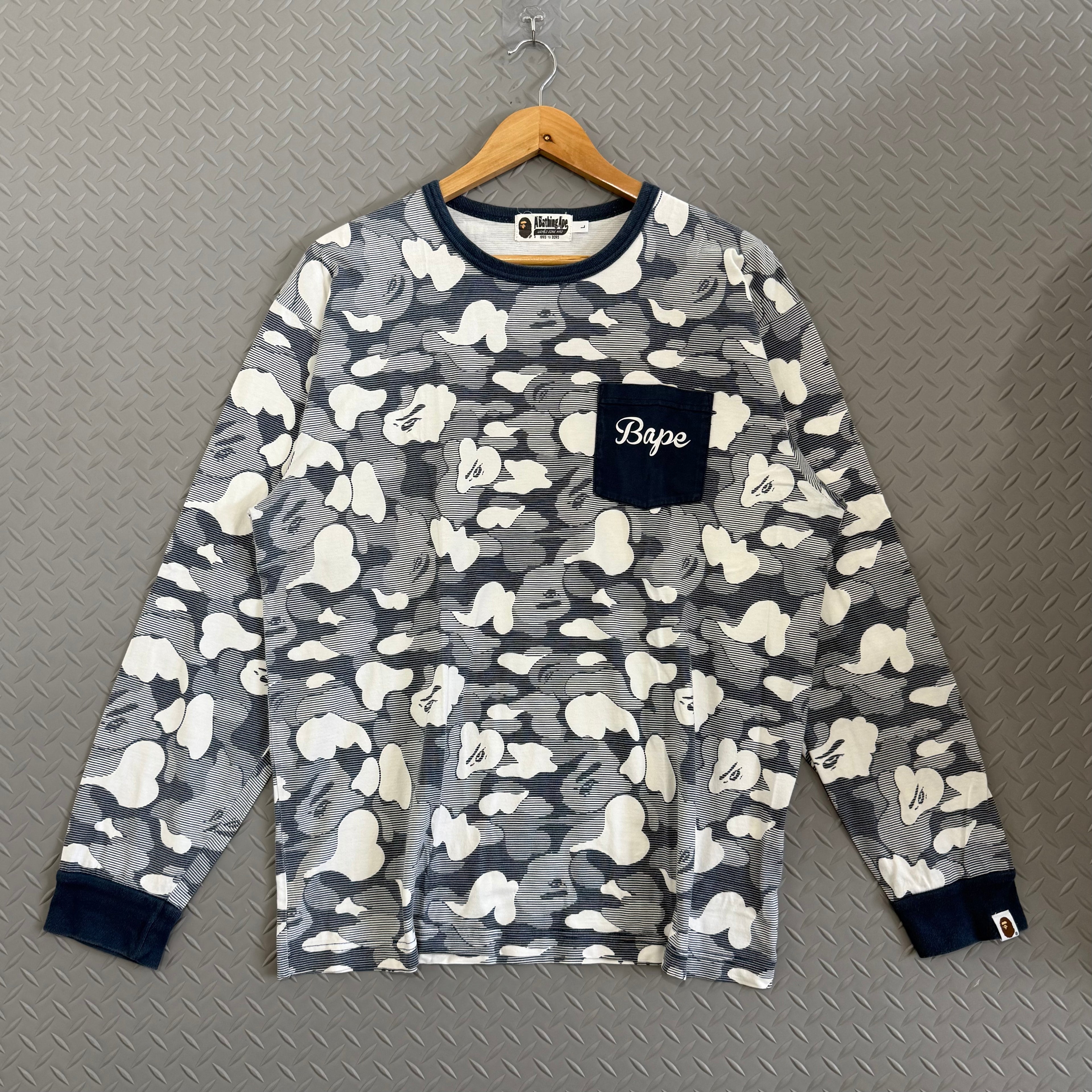 BAPE Stripe ABC Camo Relaxed Fit Pocket L/S Tee - Size L