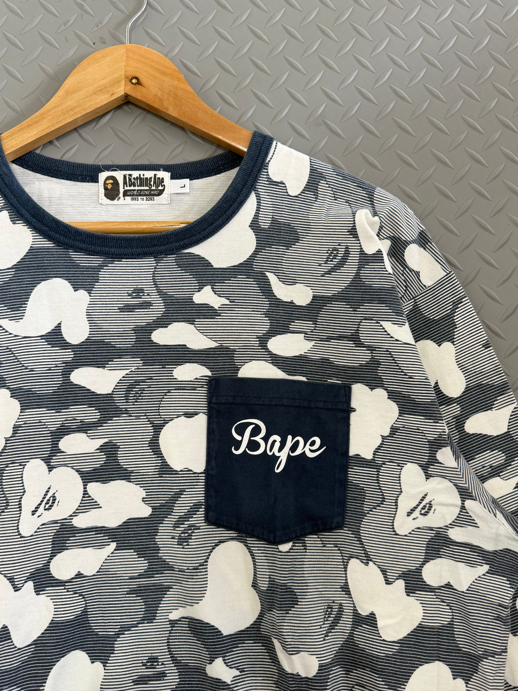 BAPE Stripe ABC Camo Relaxed Fit Pocket L/S Tee - Size L